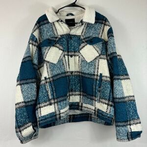 Lucky Brand Blue White Plaid Sherpa Lined Button Down Jacket